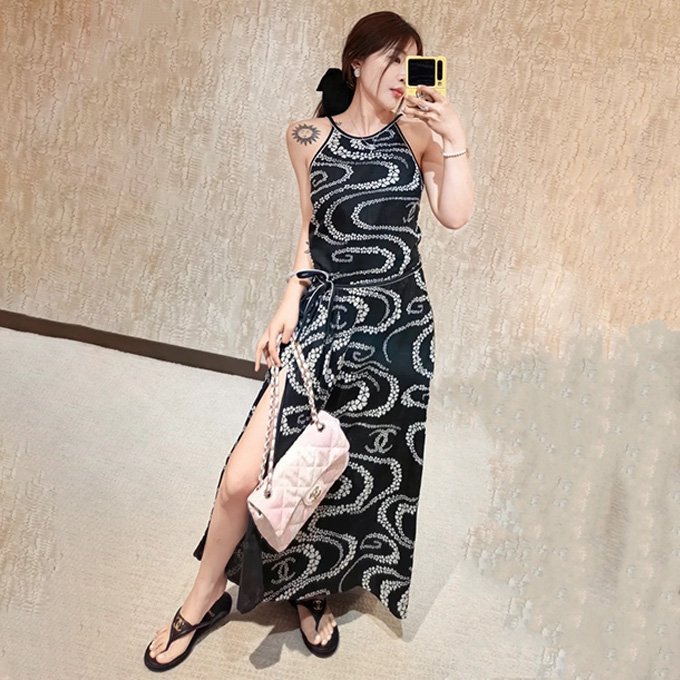 chanel wave print halter neck open back midi wrap dress